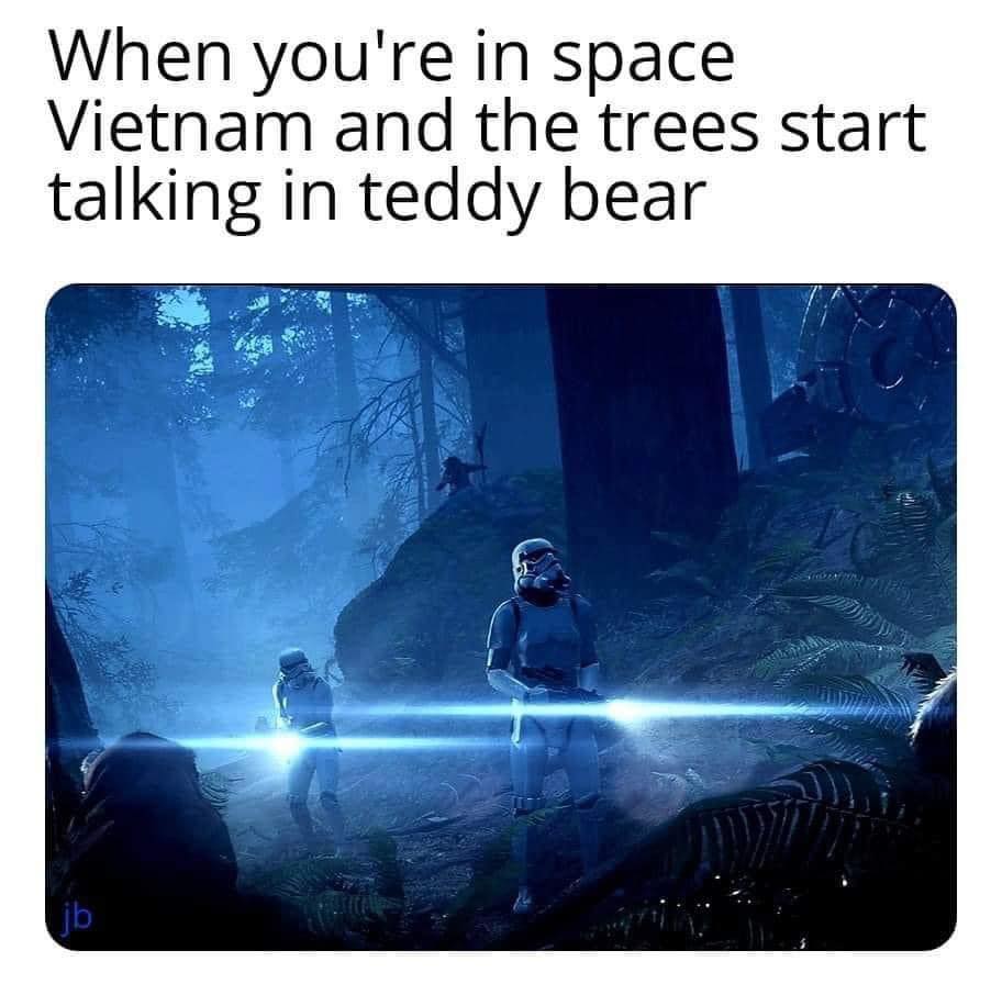 This meme is a play on the popular internet phrase "I can smell the desperation" from the movie "Aliens", but it's modified to be a humorous and absurd statement. The text in the image reads: "When you're in space, Vietnam, and the trees start talking in a teddy bear's voice".